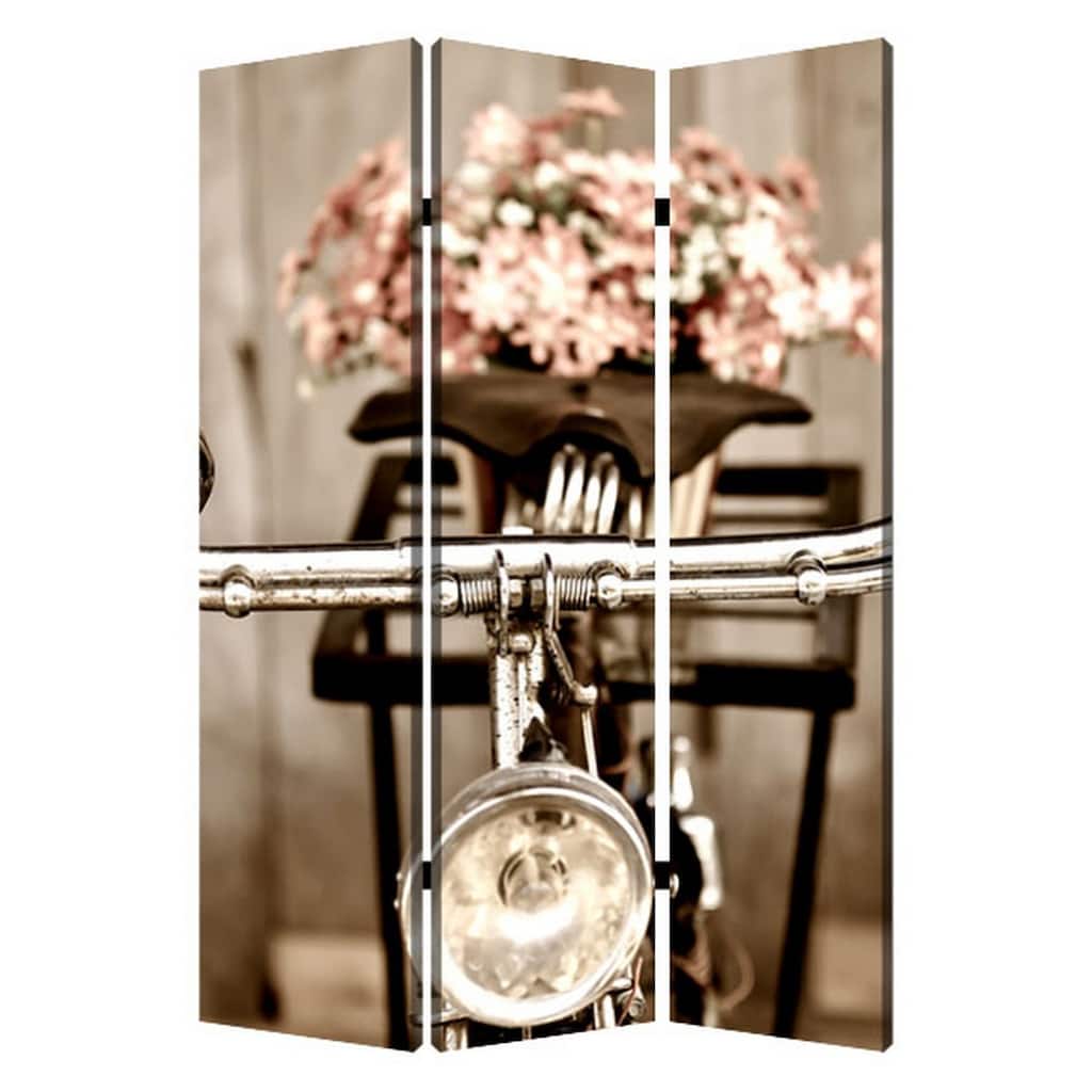 3 Panel Flowers and Cycle Print Foldable Room Divider, Pink and Brown