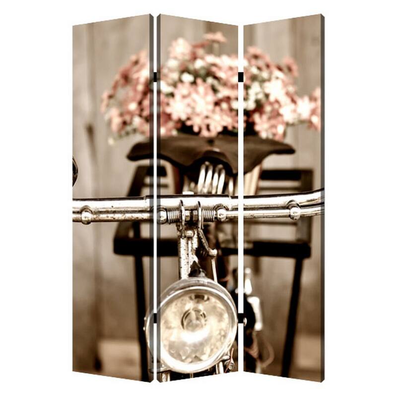 3 Panel Flowers and Cycle Print Foldable Room Divider, Pink and Brown