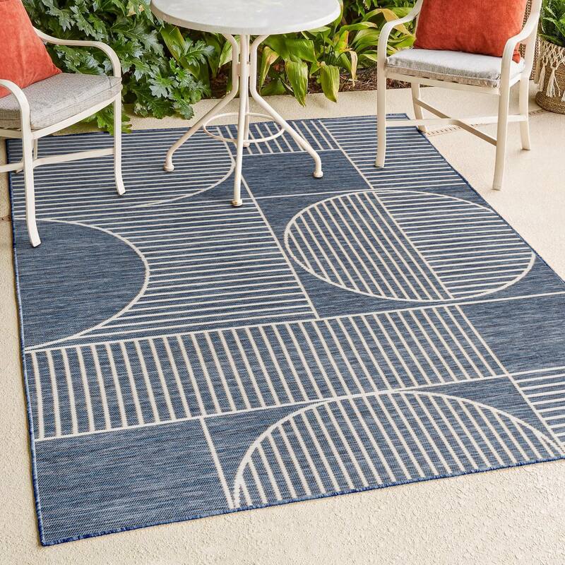 JONATHAN Y Reversible Biot Mid-Century Modern Geometric Lines Machine-Washable Navy/Cream Indoor/Outdoor Area Rug