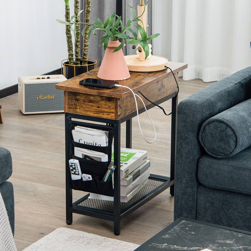Gymax 2PCS End Table Charging Station Industrial Nightstand Flip Top