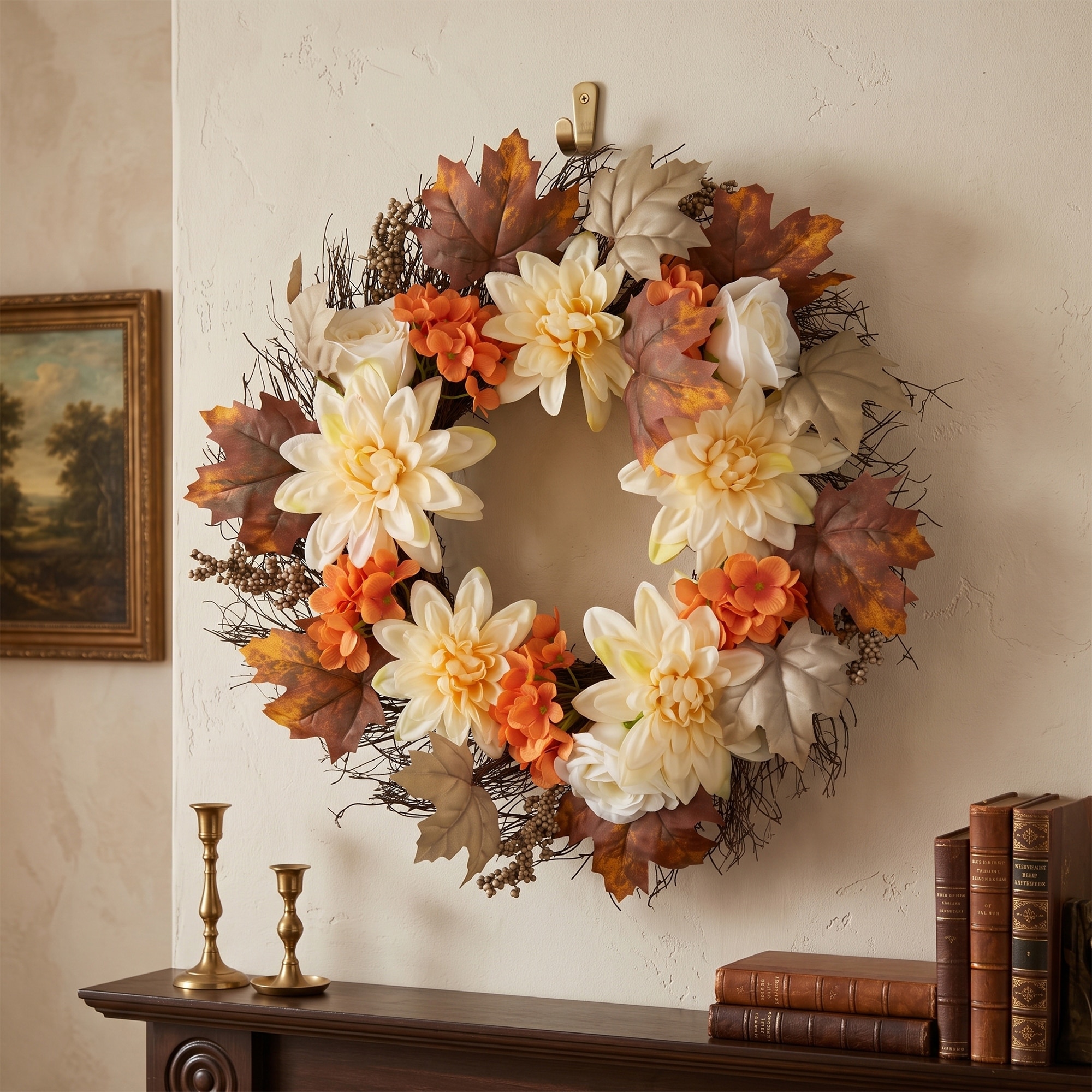 Dahlias, Maple Leaves Berries Artificial Fall Floral Twig Wreath 22"