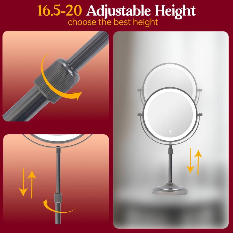9" Rechargeable Lighted Makeup Mirror, Vanity Mirror with 1X/10x Magnification, Height Adjustable 3-Lighting Modes Dimmable
