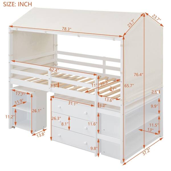 Twin Size House-Shaped Wood Bed Low Loft Bed with Desk & Shelf, Unique Kids Bed Tent Bed with Drawer and Roof for Boys Girls