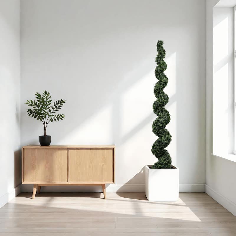 7FT Spiral Topiary Trees Artificial Outdoor Faux Boxwood Plants Large Twisted Green Potted Trees with Dark Green Leaves 1pc/set - Green