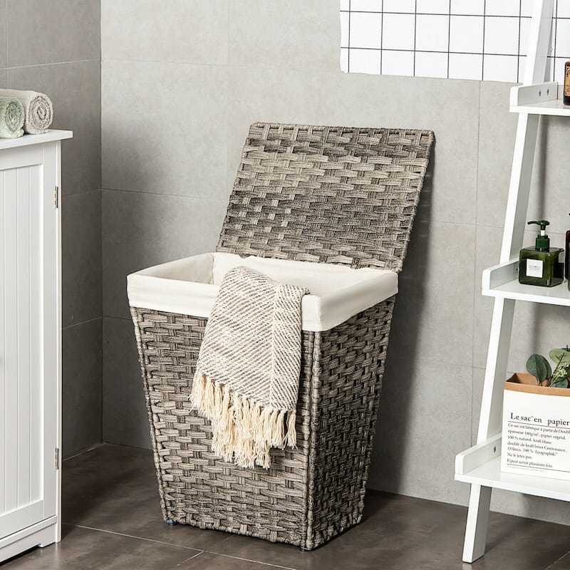 Gymax Handwoven Laundry Hamper Foldable w/Removable Liner, Lid & - 17.5'' X 12'' X 21''