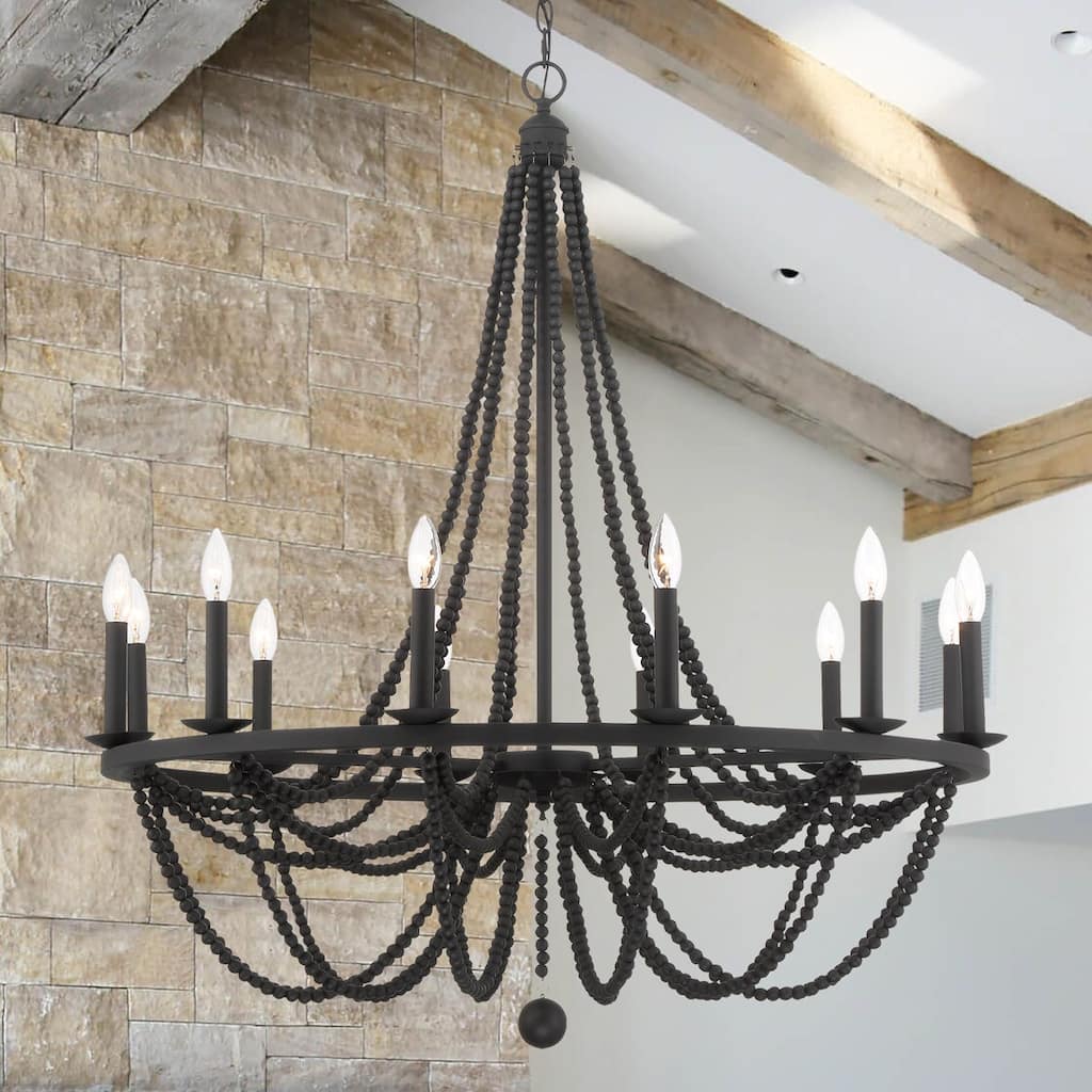 Fidenza 12-light Empire Farmhouse Solid Wood Beaded Chandelier with UL Certified - 37 inches