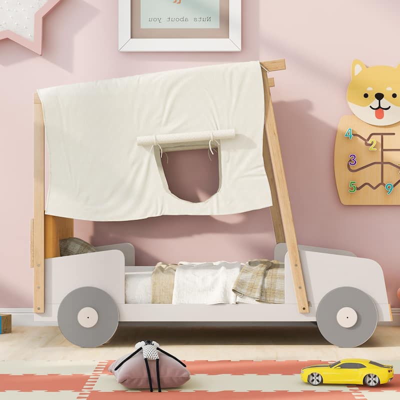 Wood Twin/Full Size Car Bed with Pillow, Ceiling Cloth - Twin