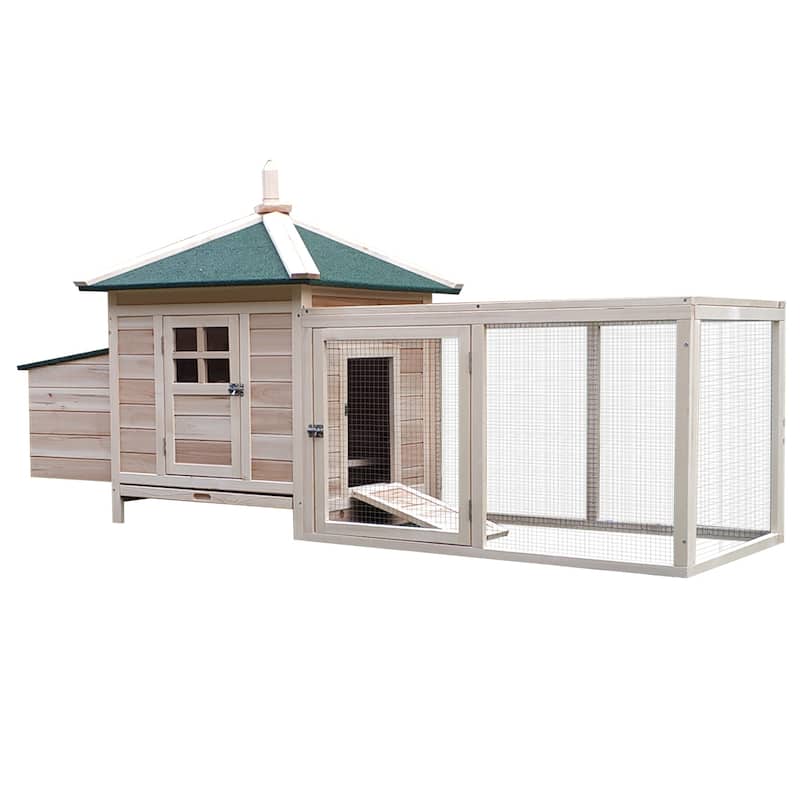 PawHut 77" Wooden Chicken Coop with Nesting Box, Cute Outdoor Hen House with Removable Tray, Ramp Run, for Garden Backyard - Natural