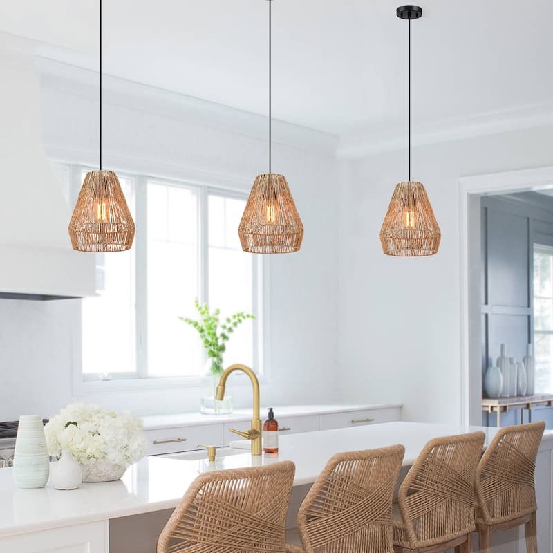 True Fine Bohemian Natural Jute Rope Island Mini Pendant Light with Black Hardware