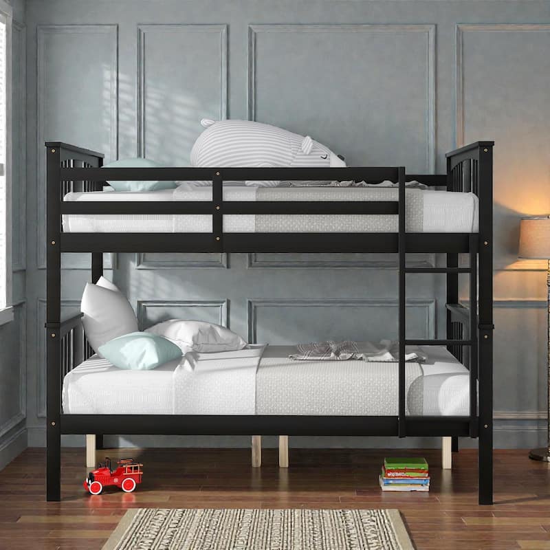 Full Over Full Bunk Bed with Ladder, Solid Wood Convertible Bunk Bed Frame for Bedroom or Guest Room