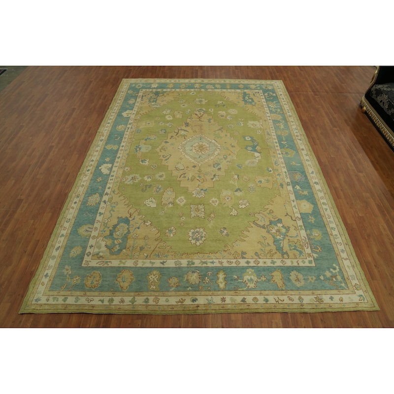 Vegetable Dye Green Oushak Turkish Large Rug, Medallion Geometric Carpet - 14' 1'' X 10' 0''
