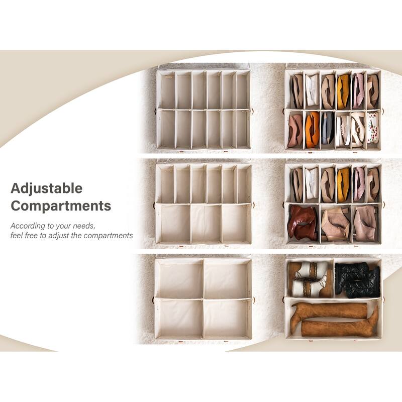 2-Pack Underbed Shoe Storage Organizer with Adjustable Dividers, 24 Pairs Fabric Shoe Storage Box - 30" W x 24.5" D x 5.25" H