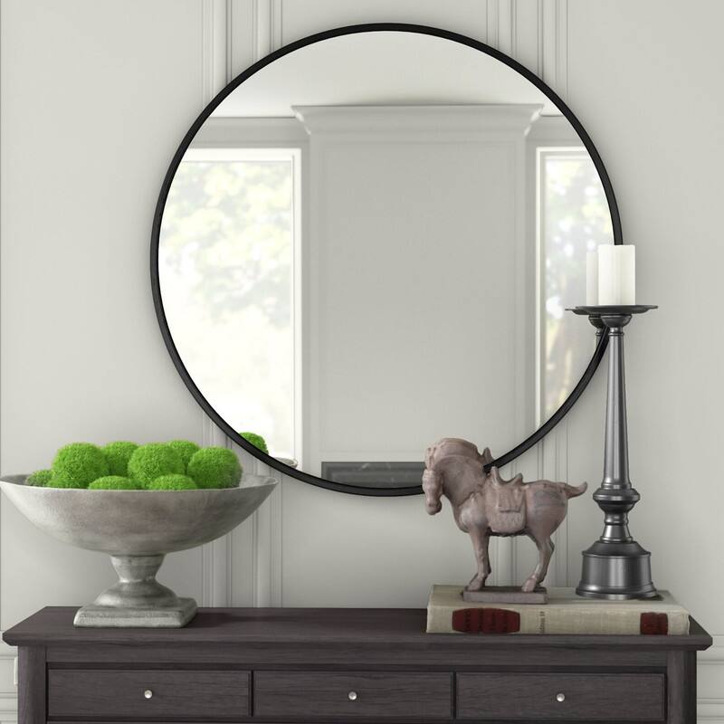 Classic Round Accent Bathroom Mirror Metal Frame Hanging Wall Mounted Circle Mirror for Wall Decor Vanity Entryway Living Room - 28" x 28" - Black