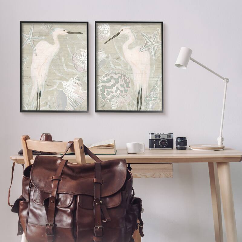 Stupell White Heron Nautical Seashells Rustic Starfish Wildlife 2 Piece Framed Wall Art, Design by June Erica Vess - Beige
