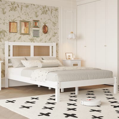 Full Size Platform Bed with Natural Rattan Headboard, Minimalist Design