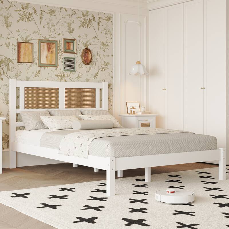 Modern Style Wooden Platform Bed with Natural Rattan Headboard for Bedroom