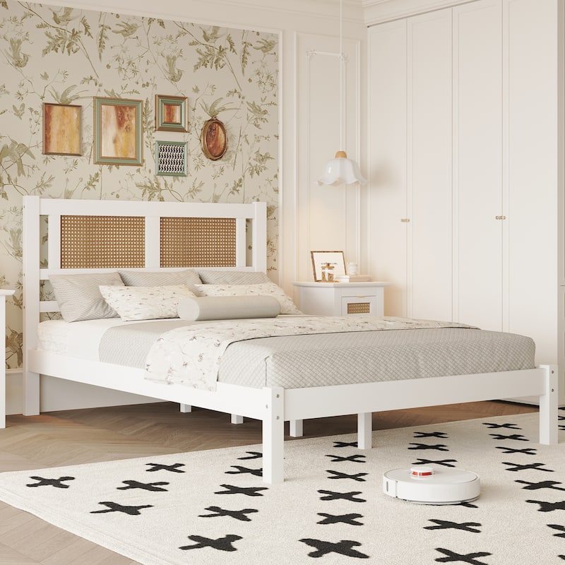 Modern Wooden Platform Bed with Rattan Headboard