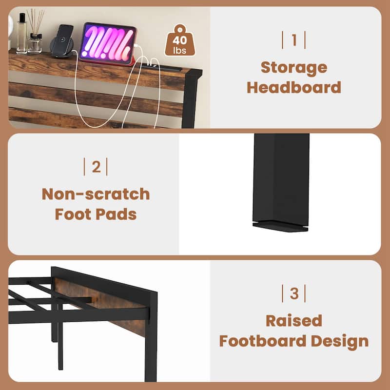 Costway Full Industrial Metal Platform Bed Frame Charging Station