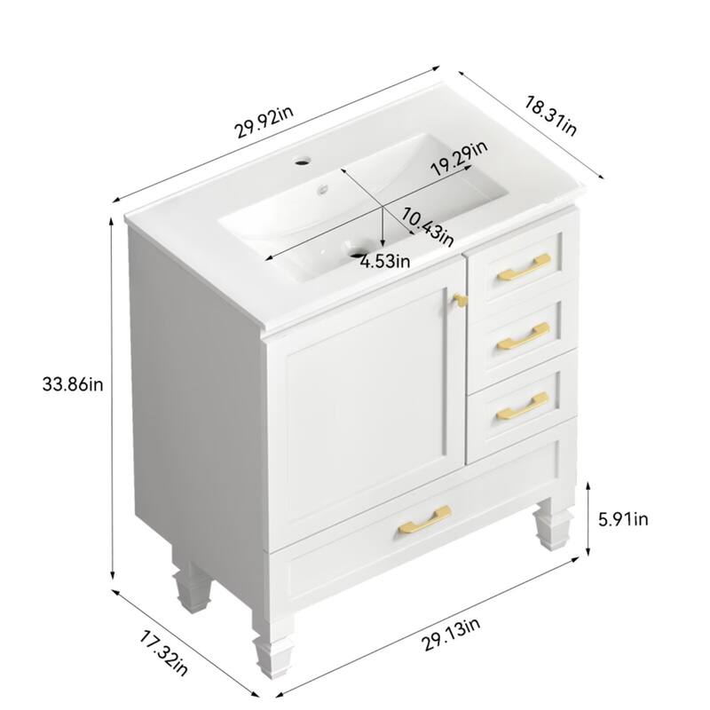 30" Bathroom Vanity Abundant Storage Cabinet -1 Soft Close Doors and 3 Drawer