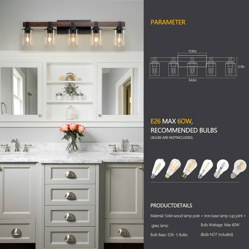 35" Rustic 5-Light Vanity Light, Industrial Bathroom Wall Sconce with Glass Shades and Wood Accent (No Bulbs) - Walnut