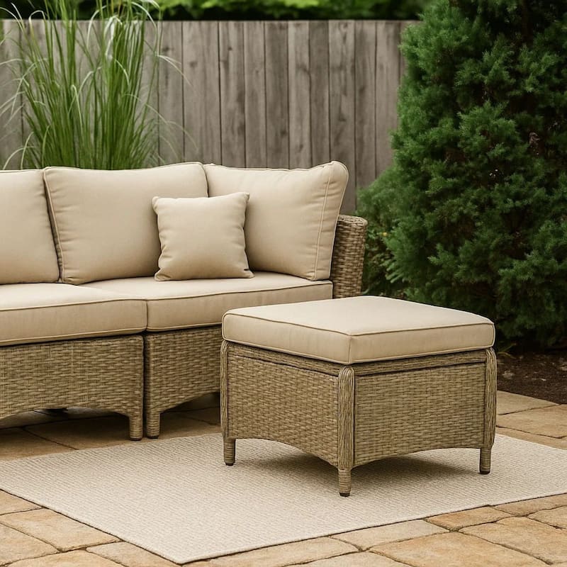 Ankia 21 Inch Outdoor Square Ottoman, Set of 2, Beige Fabric, Faux Wicker