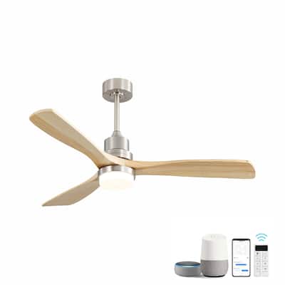 52 Inch Smart Ceiling Fan with Sand Nickel Finish 3 Natural Wood Blades LED 18W Triple Color Dimmable Memory Lighting