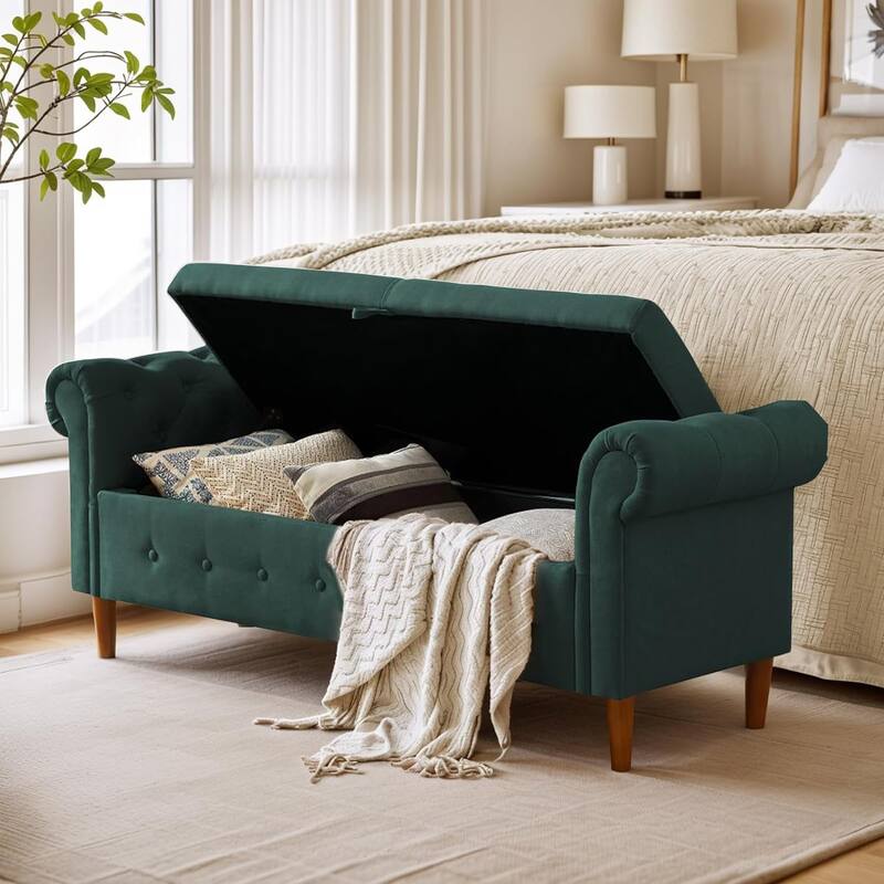 Multipurpose Rectangular Linen Sofa Stool with Large Space Saving Storage, 4 Rubber Wood Feet - 63 x 22.1 x 24.1 inch