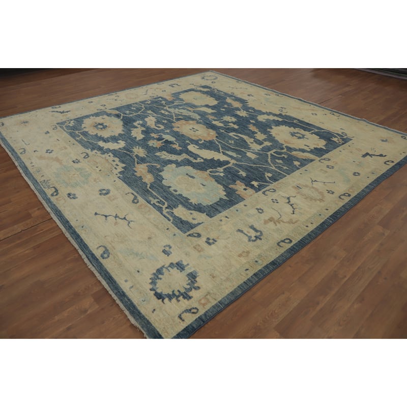 Hand Knotted Oriental 100% Wool Carpet Transitional All-Over Navy Blue & Blues Oushak Area Rug - 9' 9'' X 9' 5''