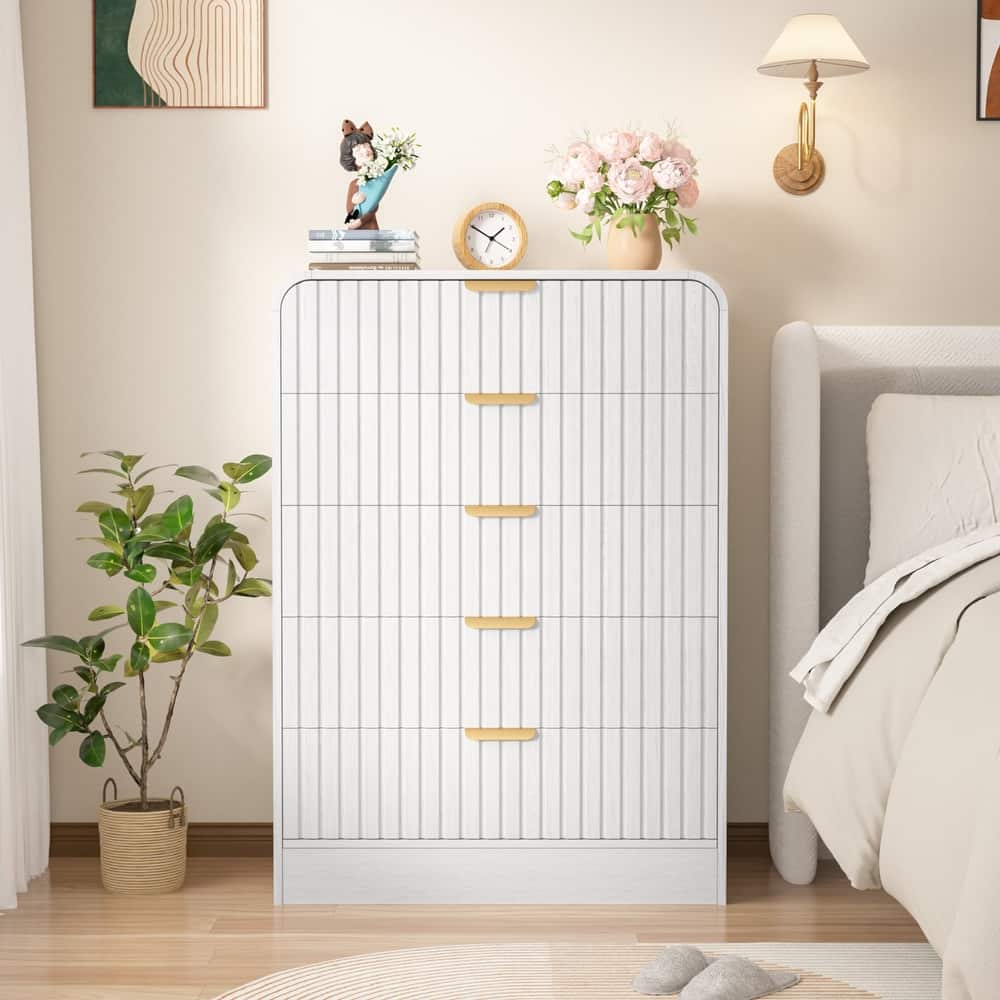 VEIKOUS 5-Drawer Chest of Drawers with Curved Edges & Waveform Fluted Panel Design, Wooden Dresser for Bedroom