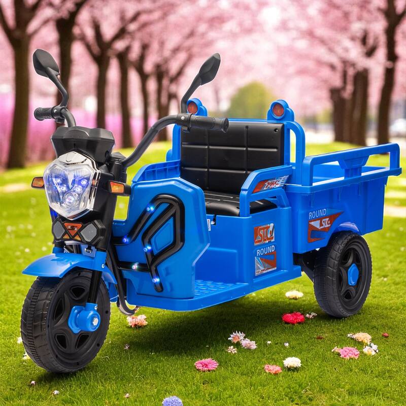 12V Kids Electric 3-Wheel Cargo Truck with Storage, LED Lights, Music, Anti-Slip Wheels, Wide Seat & Stable Trike Design - Blue
