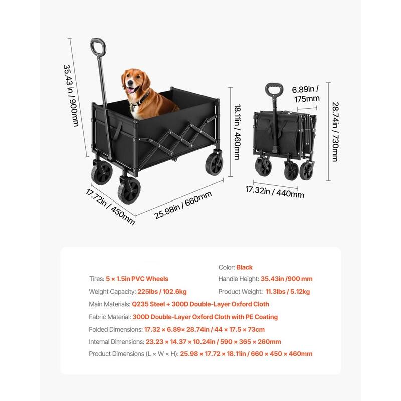 Black Steel Folding Wagon Cart with 300D Oxford Cloth, 225 lbs Capacity and PVC Wheels - 25.98 in x 17.72 in x 18.11 in