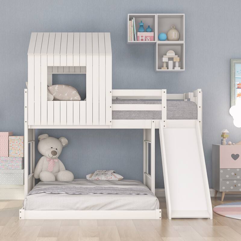 Wooden Bunk Bed, Loft Bed with Playhouse, Farmhouse, Ladder, Slide and Guardrails