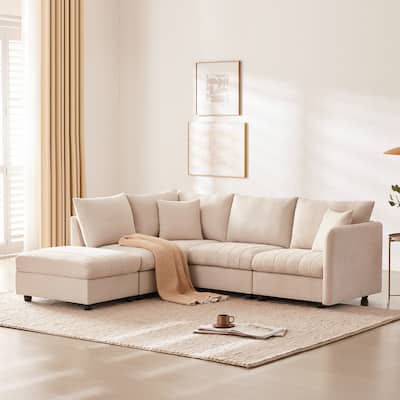 89*79" Modern 5-Seat L-Shaped Sectional Sofa with Ottoman, Pillows, Stripes, Beige Polyester for Living Room