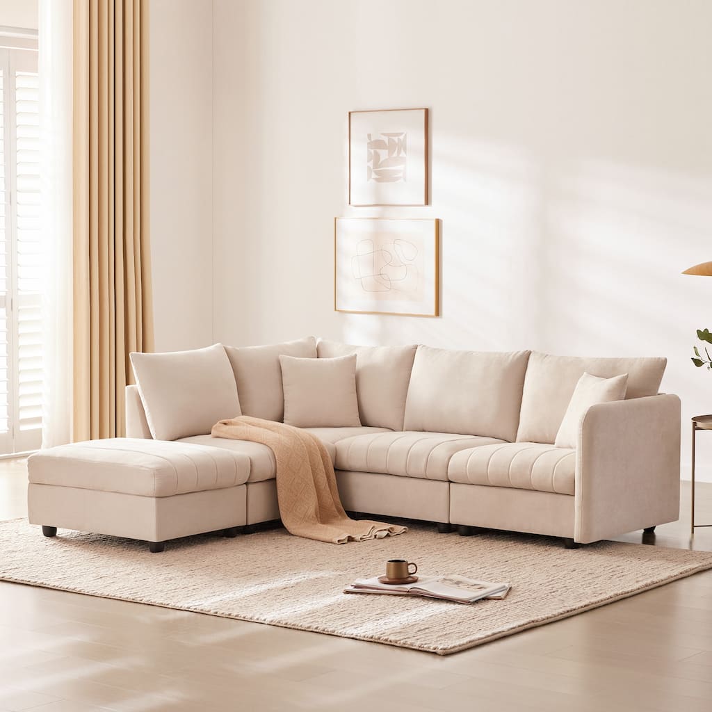 89*79" Modern 5-Seat L-Shaped Sectional Sofa with Ottoman, Pillows, Stripes, Beige Polyester for Living Room