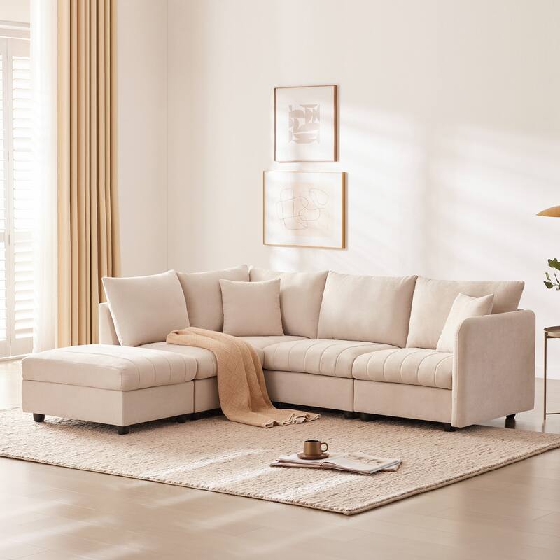 U-Shape 5-Seat Modular Sectional Sofa Set with Ottoman and Pillows