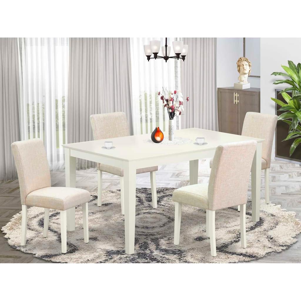 Rectangle Dining Set 5Pc Table & Chairs - Linen White Legs, Beige Fabric - Tuscan Style
