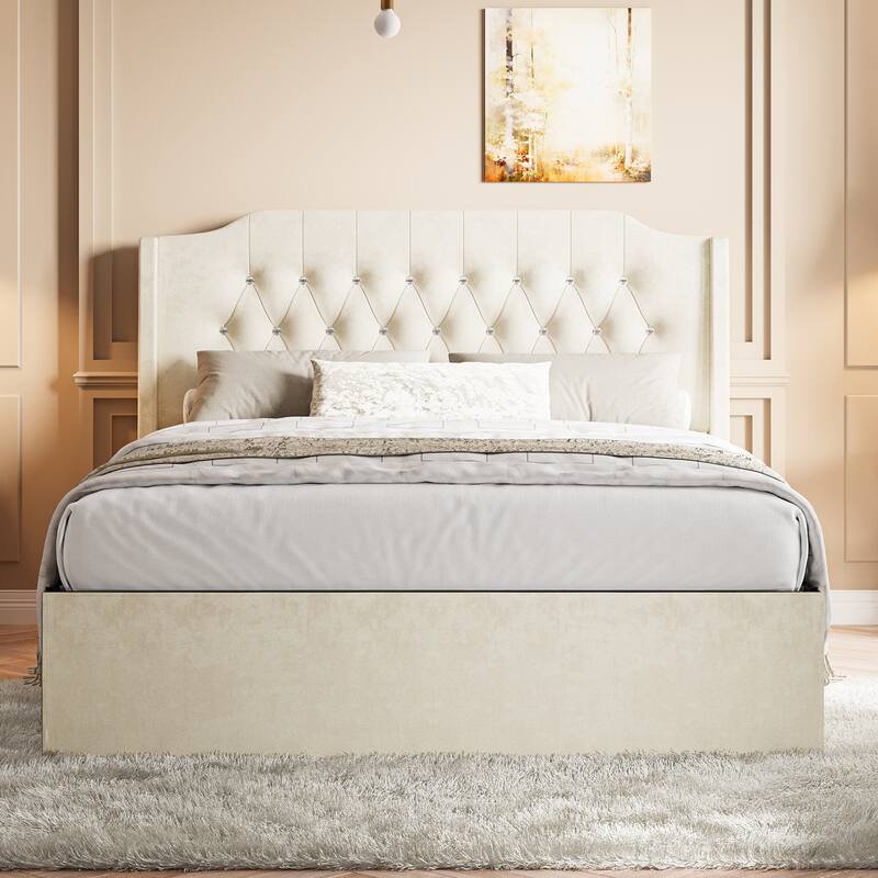 Crystal Button Accents Wingback Tufted Headboard Bed Frame, Platform Bed with Under-Bed Storage Space, Wood Low Profile Bed