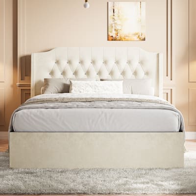 Queen Size Bed Frame with Crystal Button Accents, Bed Frame with Wingback Headboard and Under-Bed Storage Space