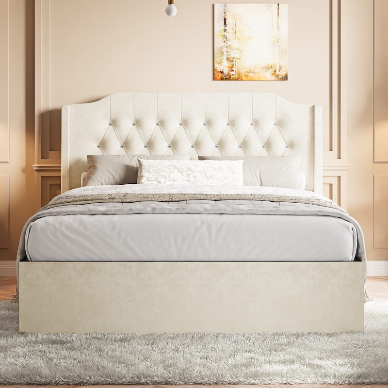 Queen Size Upholstered Platform Bed Frame with Crystal Button Tufting, Wingback Headboard with Shelf, Under-Bed Storage - Beige