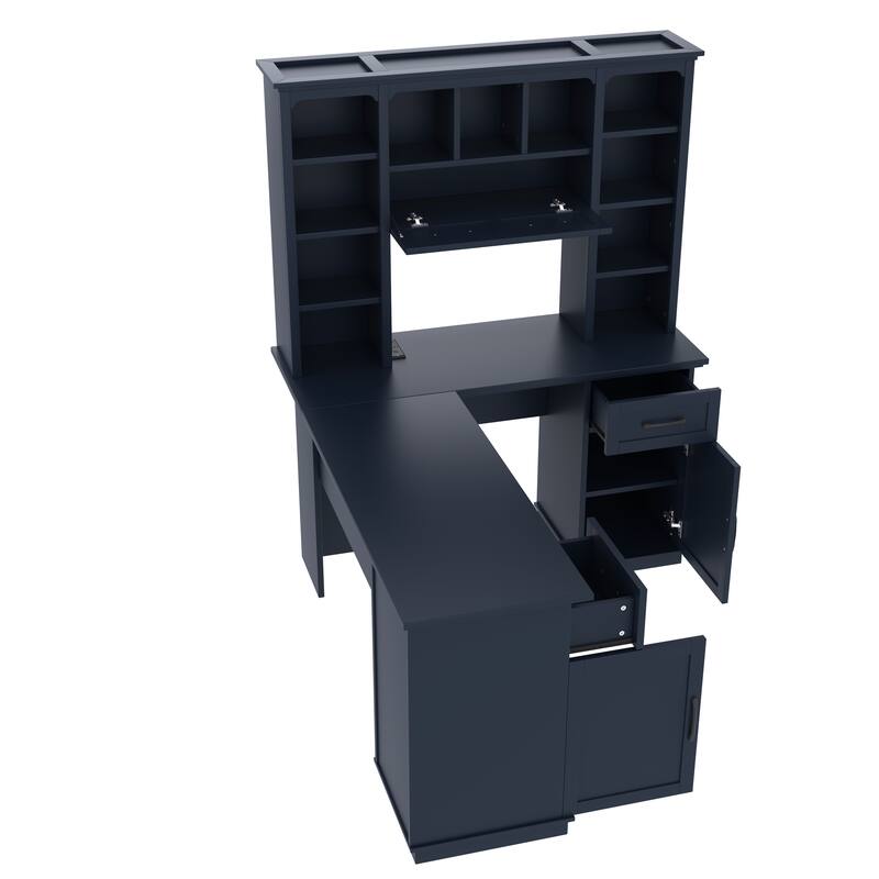 Roomfitters L-Shaped Computer Desk with Hutch, 2 Cabinets, 2 Drawers and 11 Open Shelves, with Power Outlet
