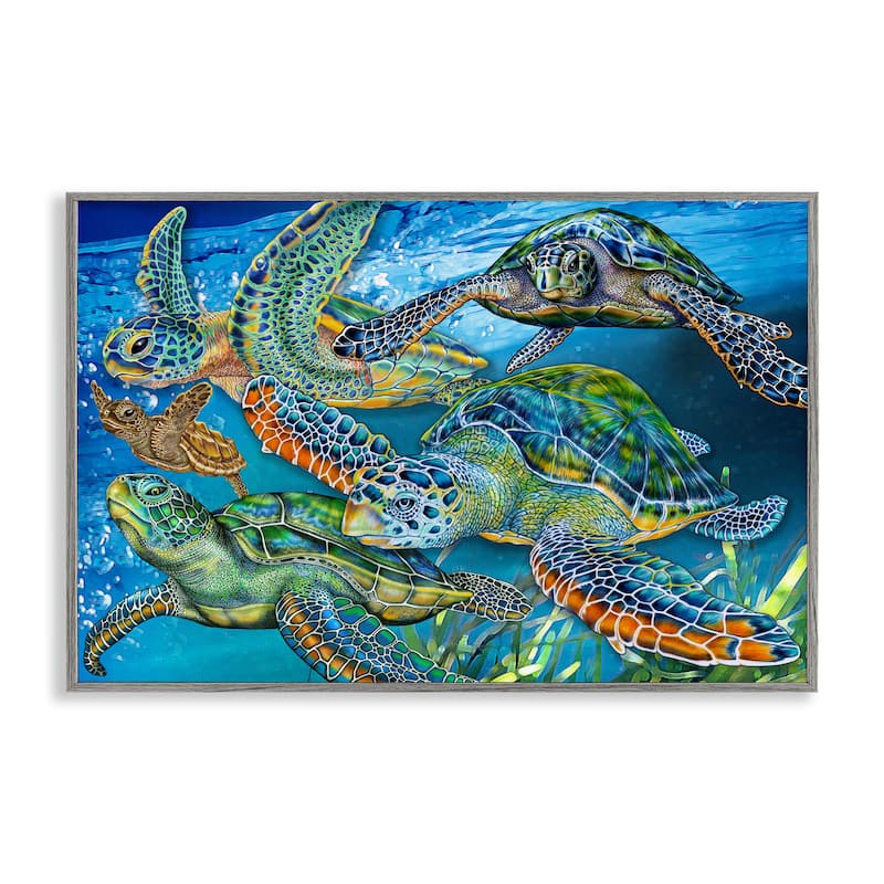 Stupell Tortoise Family Underwater Swim Framed Giclee Art Design By Tim Jeffs - 30 x 20 - Grey