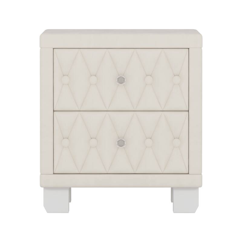 Velvet Nightstand with 2 Drawers, Elegant Upholstered Nightstand with Button-Tufted and Crystal Handle, Wood Bedside End Table