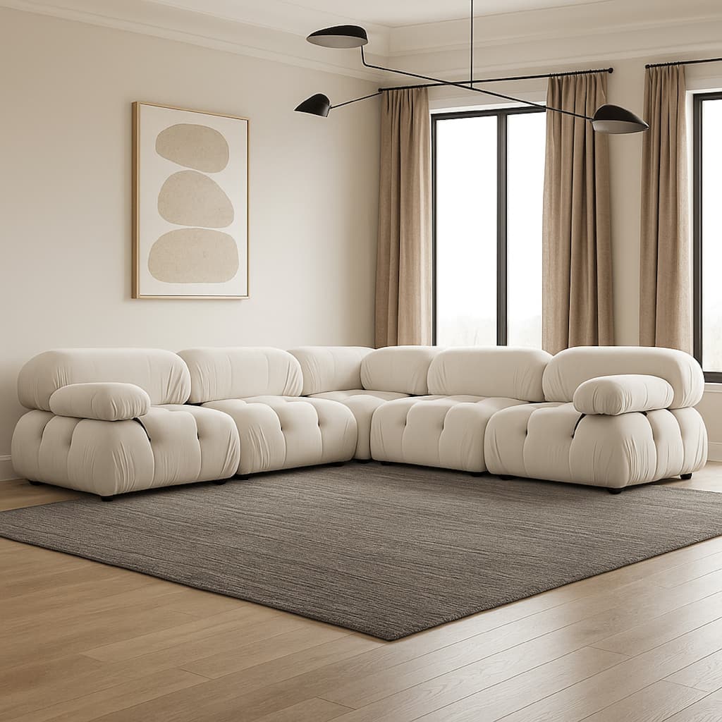 Hito 5 Piece Modular Sectional L Sofa Set, Light Cream Bubble Grid Tufting