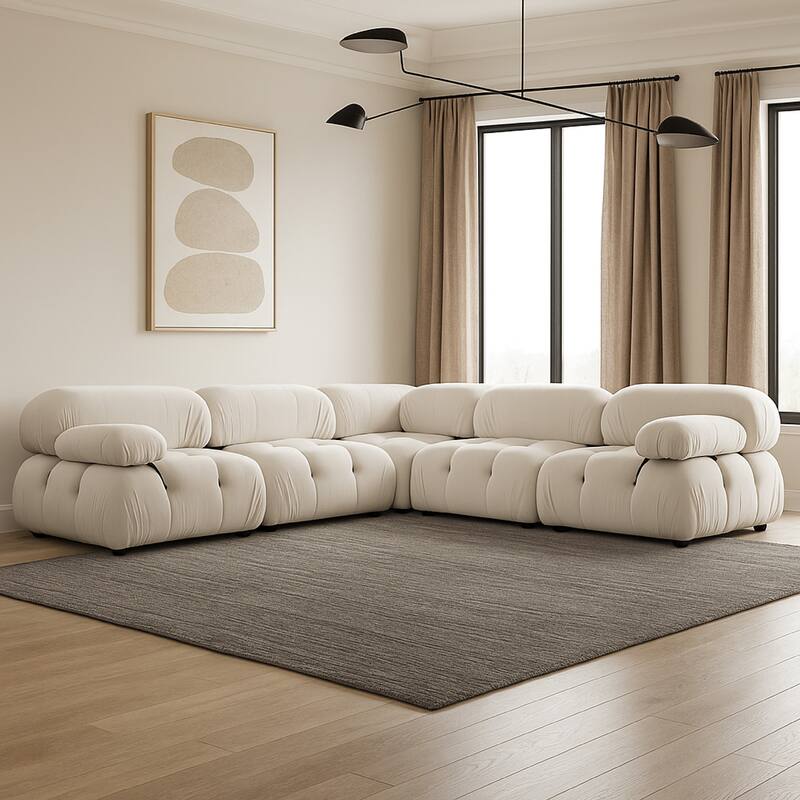 Hito 5 Piece Modular Sectional L Sofa Set, Light Cream Bubble Grid Tufting