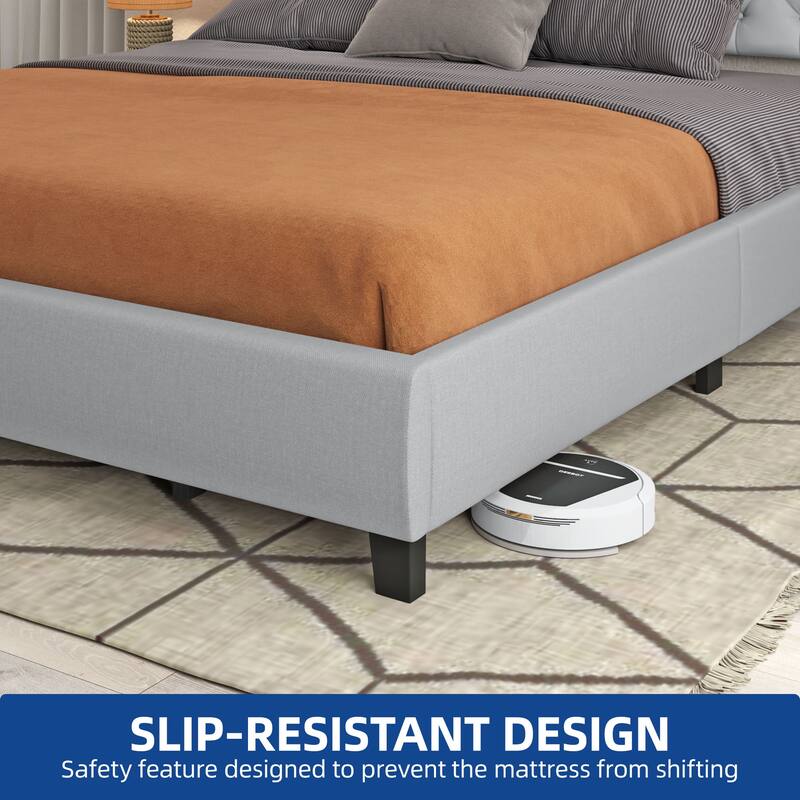 Moasis Linen Upholstered Platform Bed Velvet Bed Frame with Adjustable Headboard