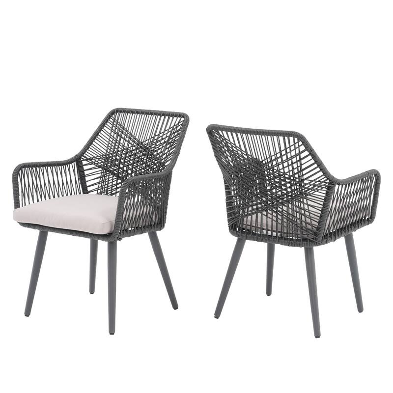Outdoor Patio Woven Rope Dining Chairs With Armrest and Seat Cushions