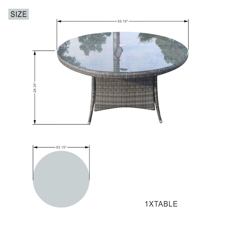 All-Weather Aluminum Woven Rattan Round Dining Table with Umbrella Hole and Tempered Glass Top
