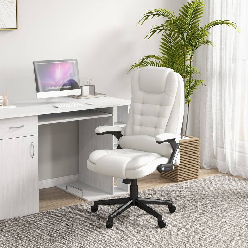 White PU Leather 360° Swivel High Back Office Recliner with Vibration Massage, Lumbar Heating, and Adjustable Height