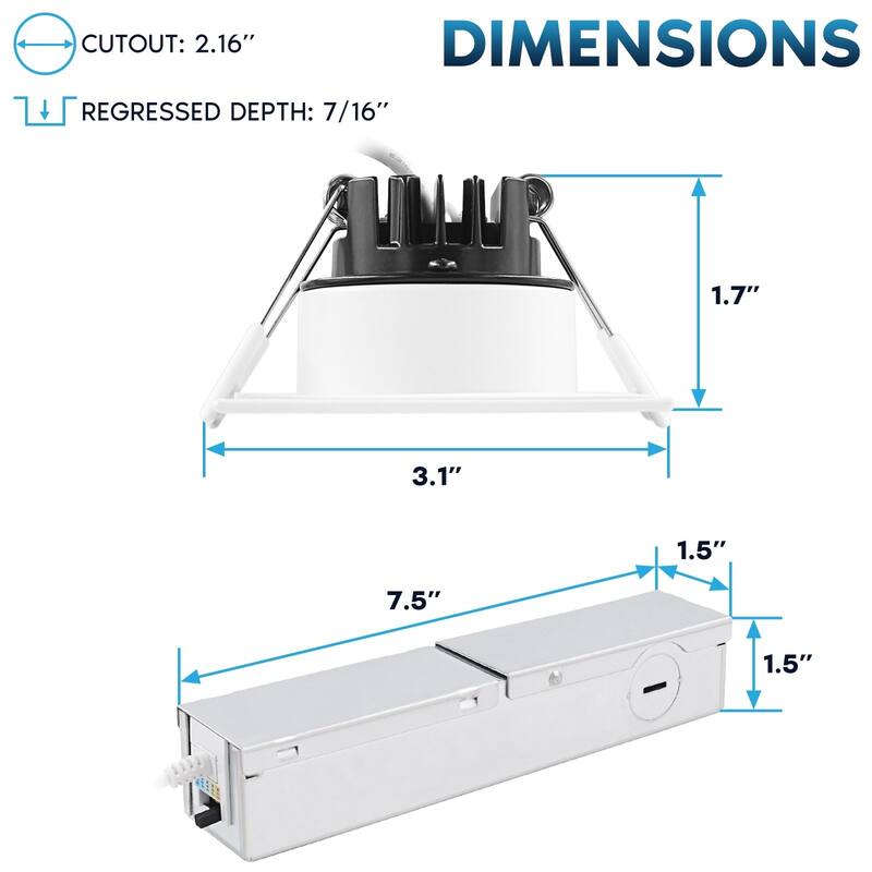 Luxrite 2 Inch Square LED Recessed Ceiling Light J-Box 8W 5CCT 660LM Dimmable Wet Rated IC Rated - 1 Pack