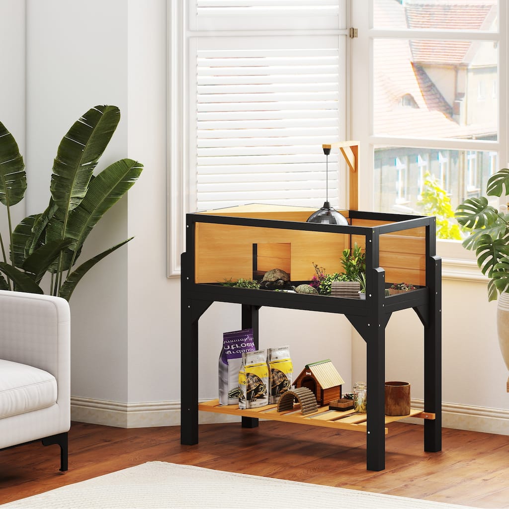 PawHut Tortoise Habitat with Storage Shelf, Wooden Tortoise Enclosure with Clear Windows, Lamp Holder, Openable Top